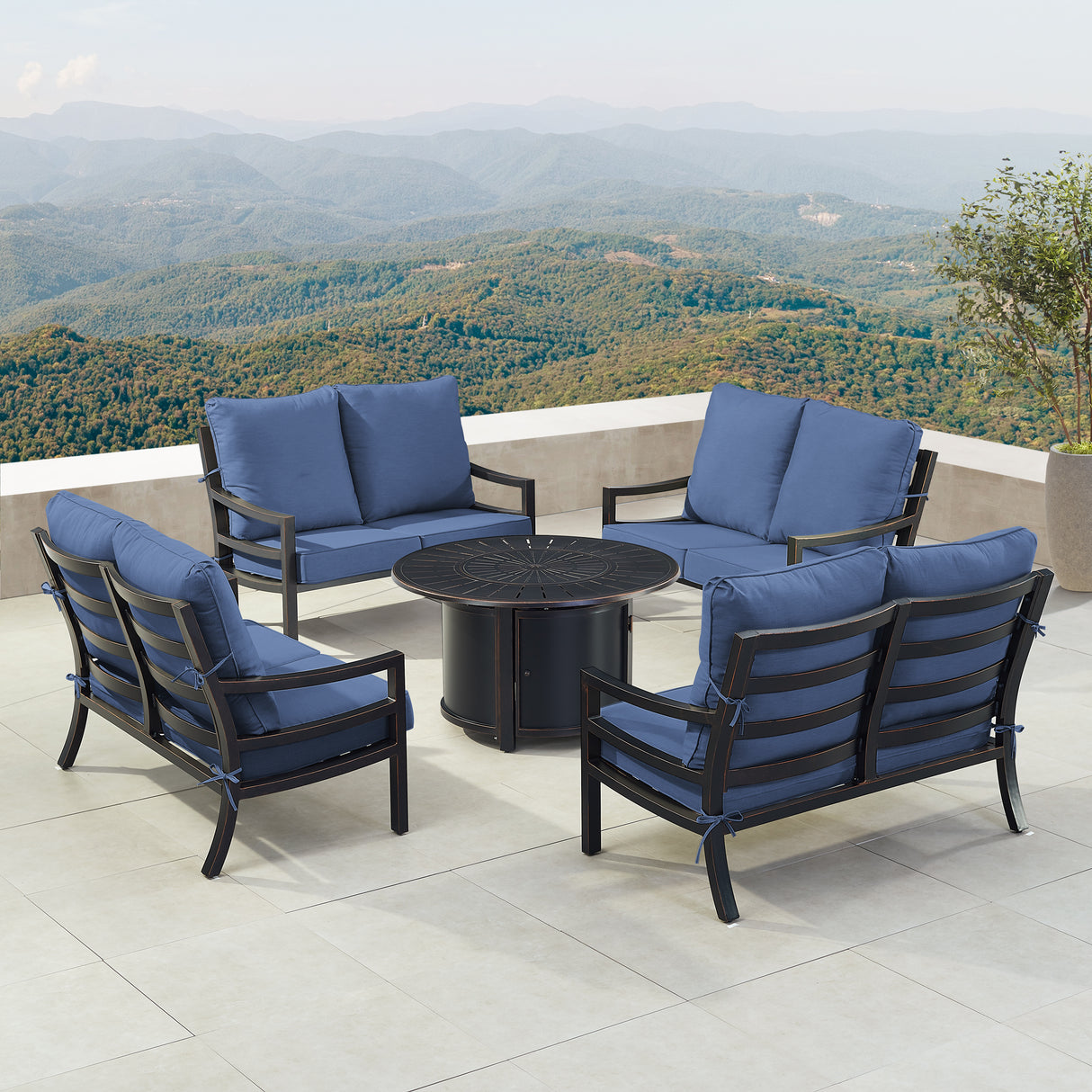 Black Aluminum Fire Table Set with Four Deep Seating Loveseats - Sharicks
