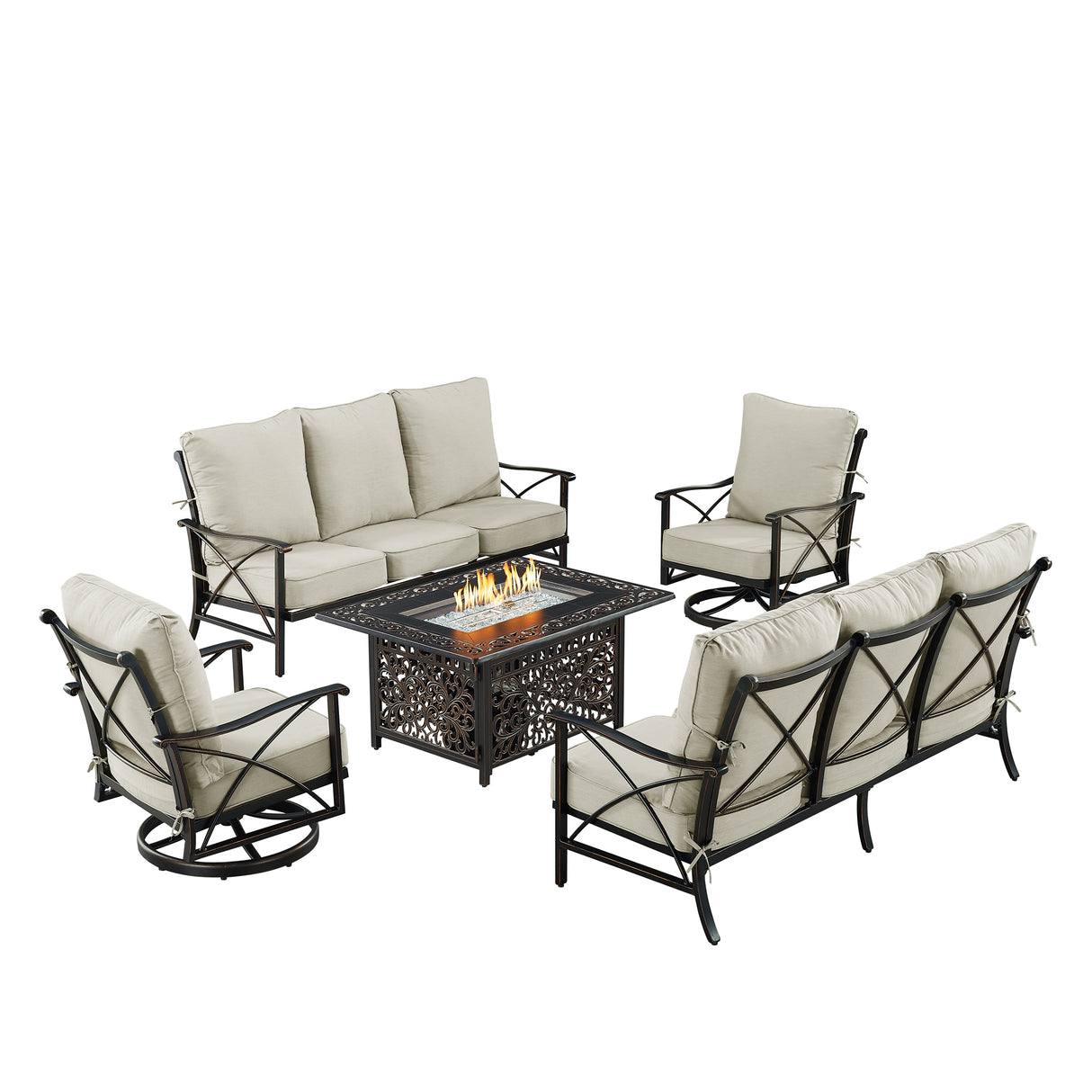 Black Aluminum Fire Table Set with Two Deep Seating Sofa with Cushions and Two Club Chairs - Sharicks