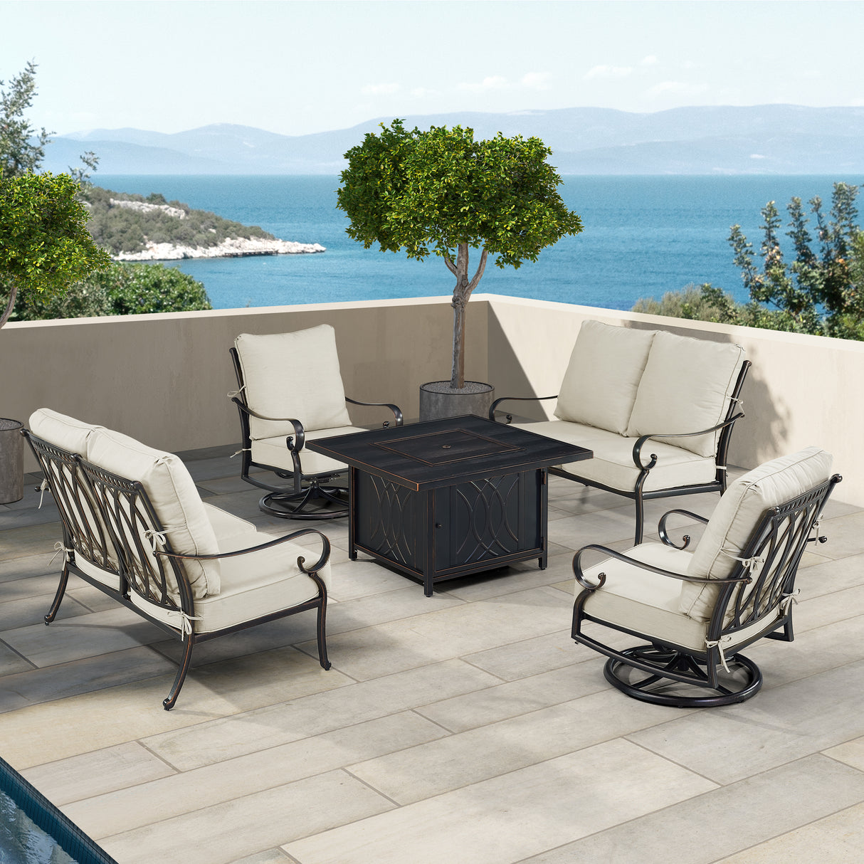 Black Aluminum Fire Table Set with Two Loveseats and Two Club Chairs - Sharicks