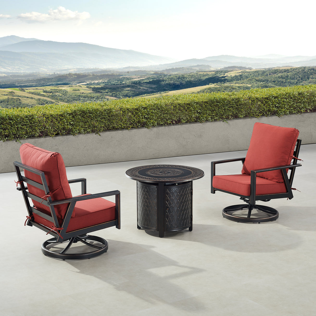 Black Aluminum Fire Table Bistro Set with Two Club Chairs - Sharicks