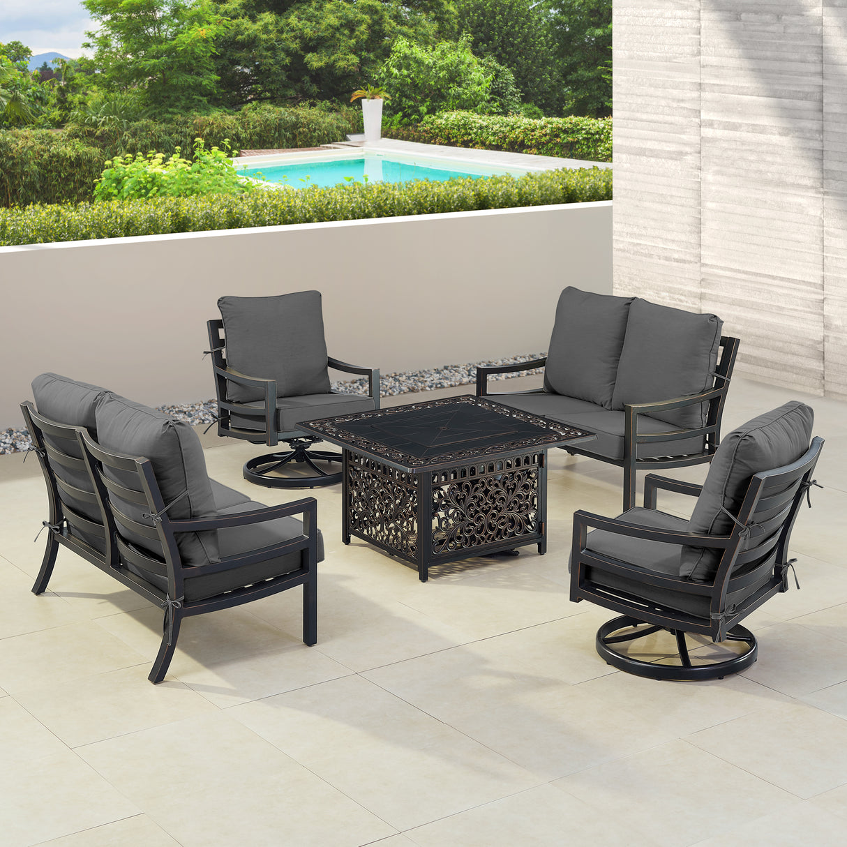 Black Aluminum Fire Table Set with Two Loveseats and Two Club Chairs - Sharicks