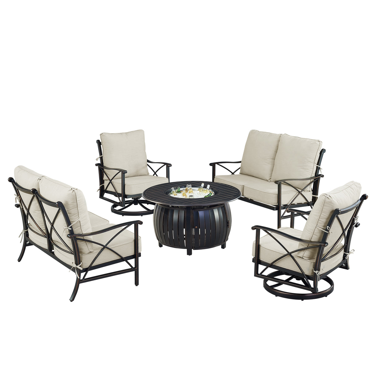 Black Aluminum Fire Table Set with Two Deep Seating Loveseat with Cushions and Two Club Chairs - Sharicks