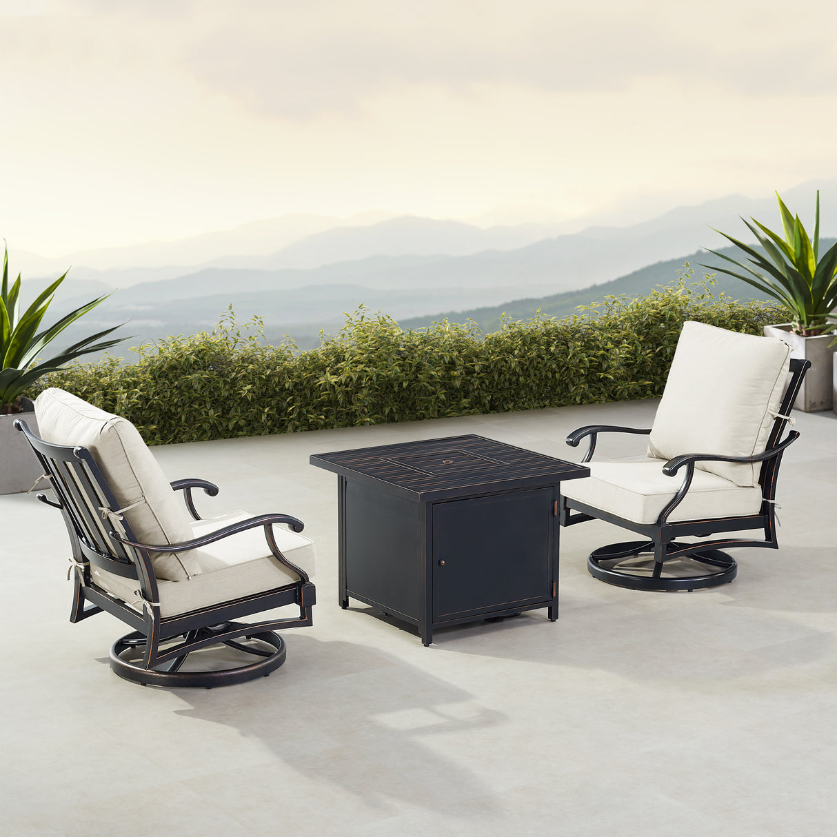 Black Aluminum Fire Table Bistro Set with Two Club Chairs - Sharicks