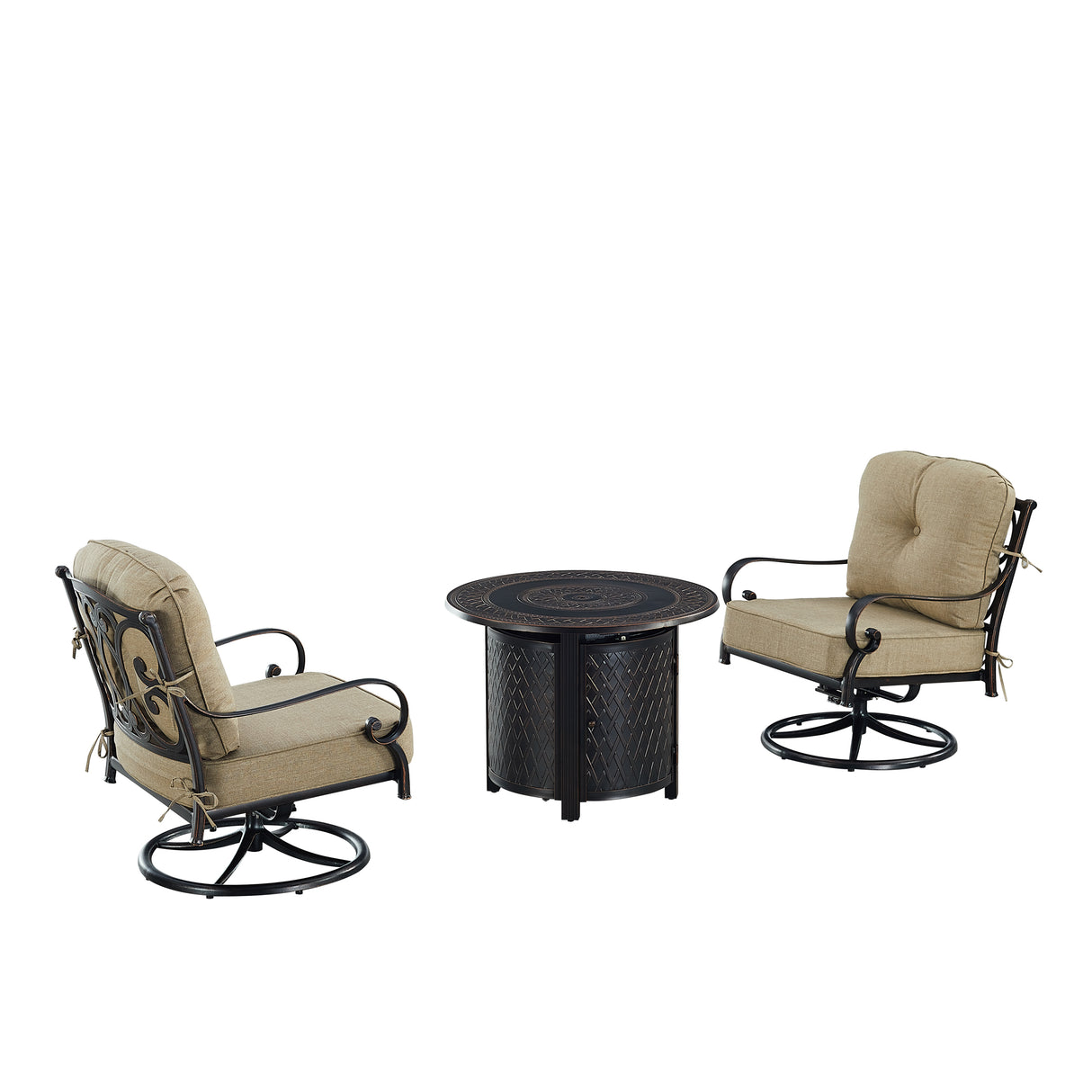 Black Aluminum Fire Table Bistro Set with Two Club Chairs - Sharicks