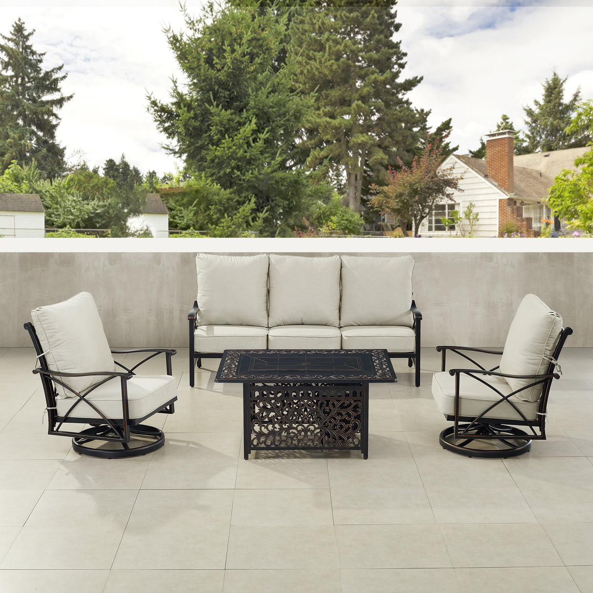 Black Aluminum Fire Table Set with Deep Seating Sofa with Cushion and Two Club Chairs - Sharicks