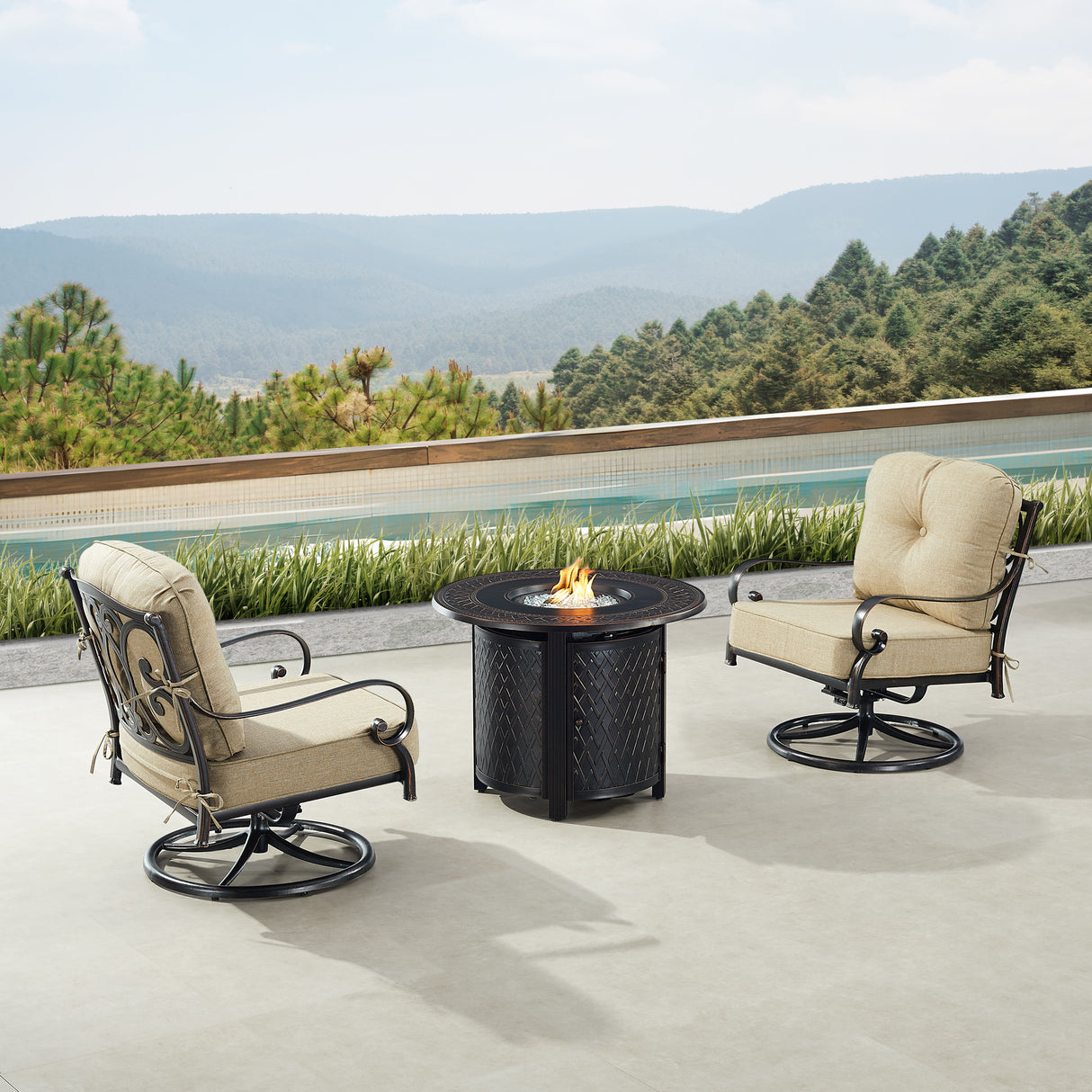 Black Aluminum Fire Table Bistro Set with Two Club Chairs - Sharicks