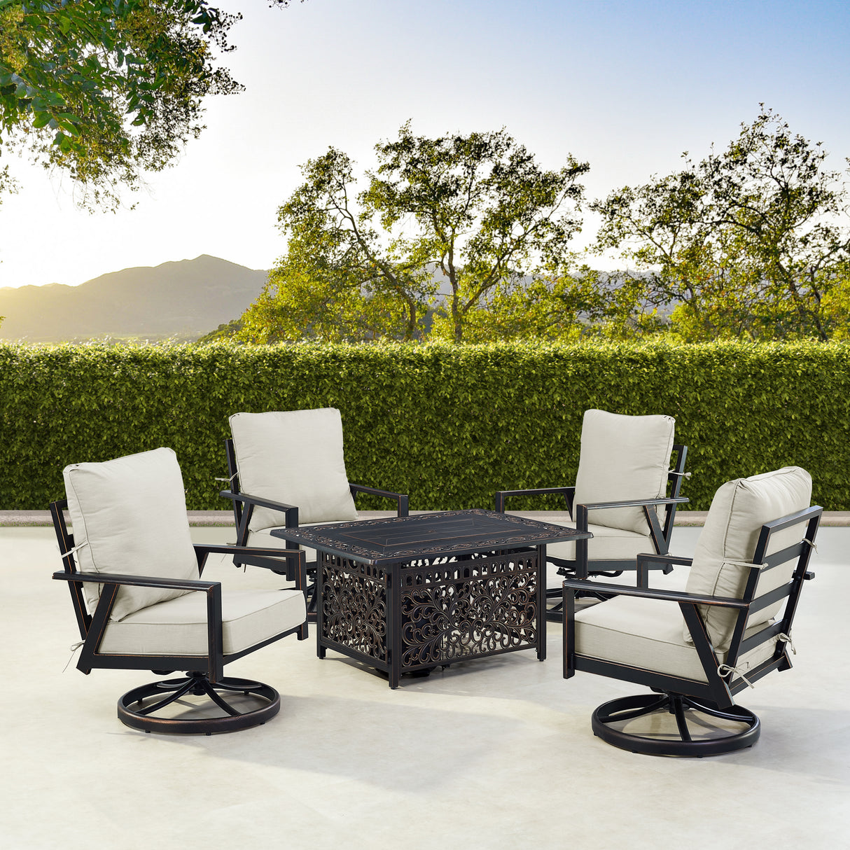 Black Aluminum Fire Table Set with Four Club Chairs - Sharicks