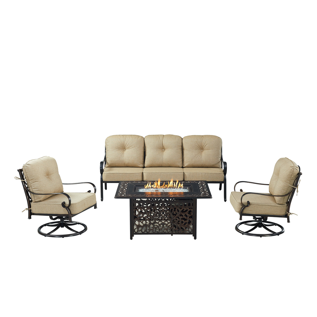 Black Aluminum Fire Table Set with Deep Seating Sofa with Cushion and Two Club Chairs - Sharicks