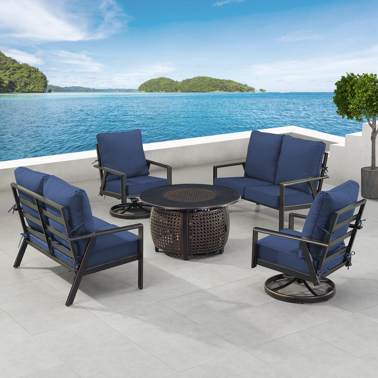 Black Aluminum Fire Table Set with Two Deep Seating Loveseat with Cushions and Two Club Chairs - Sharicks