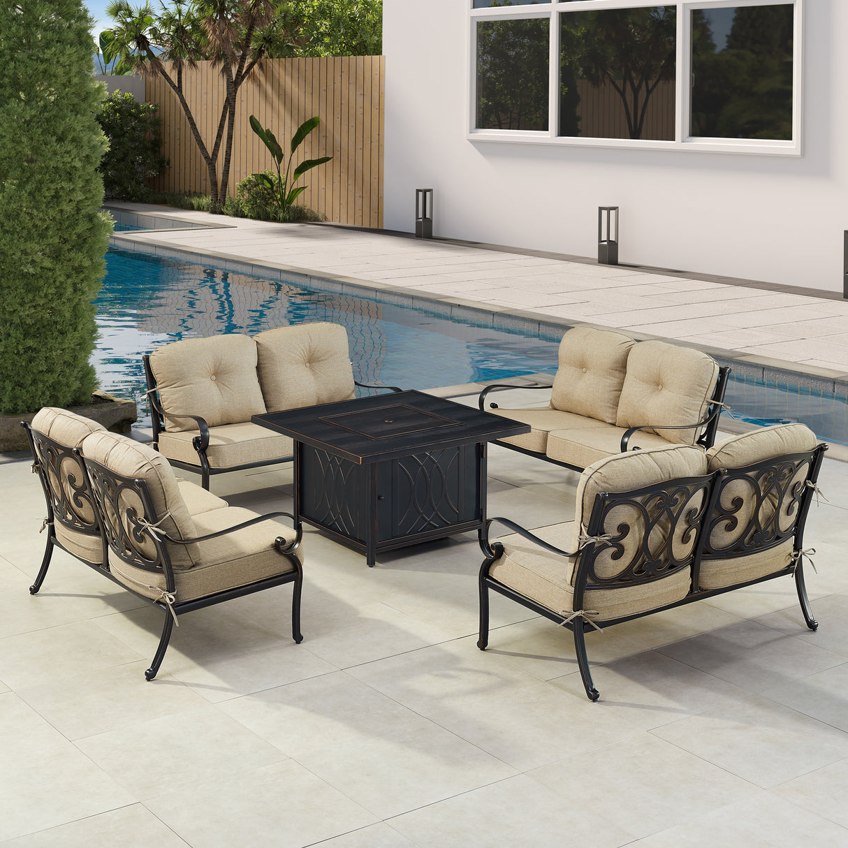 Black Aluminum Fire Table Set with Four Deep Seating Loveseat with Cushions - Sharicks