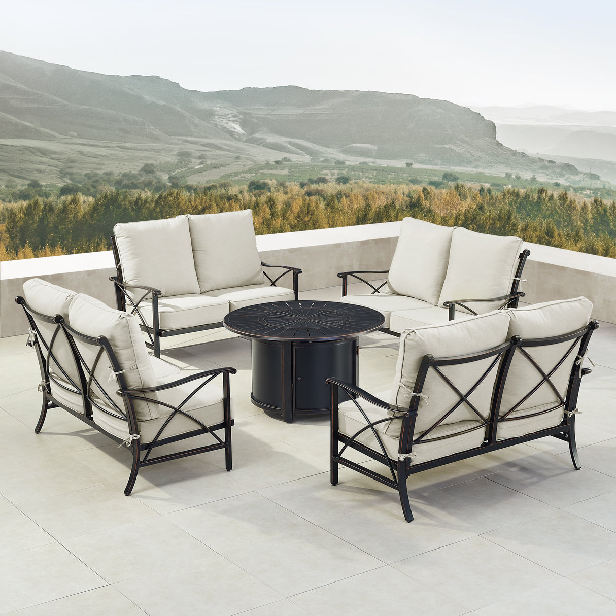 Black Aluminum Fire Table Set with Four Deep Seating Loveseat with Cushions - Sharicks