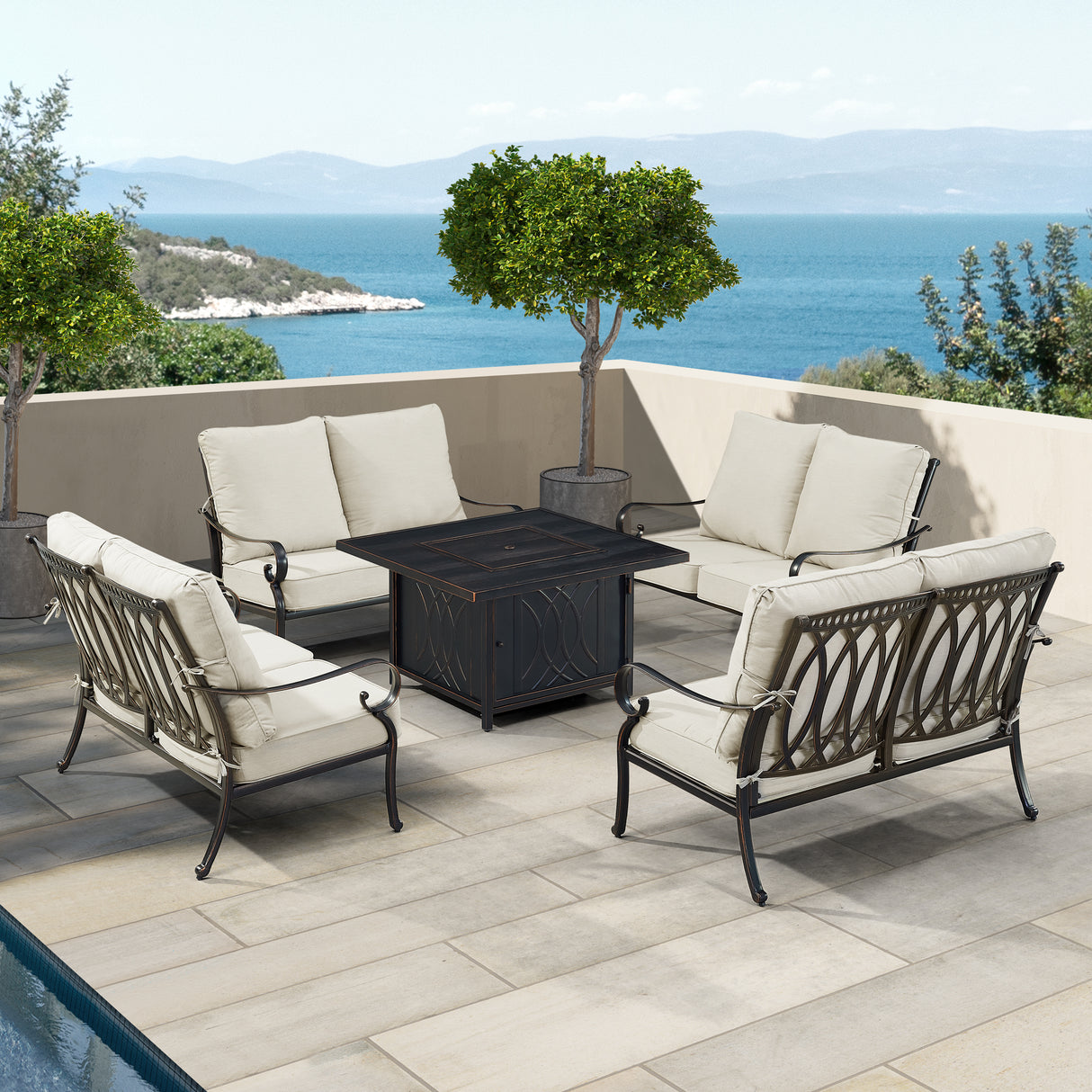 Black Aluminum Fire Table Set with Four Deep Seating Loveseats - Sharicks