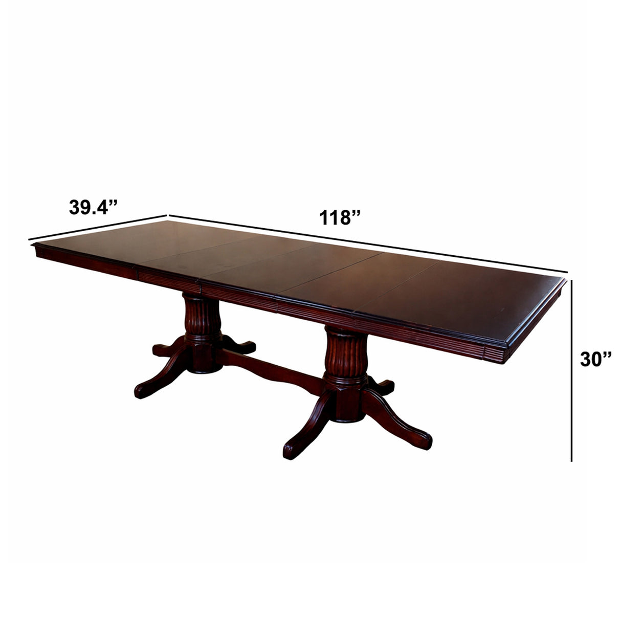 Traditional 118 Inch Rectangular Extendable Dining Table, Expresso Brown Finish Solid Rubberwood
