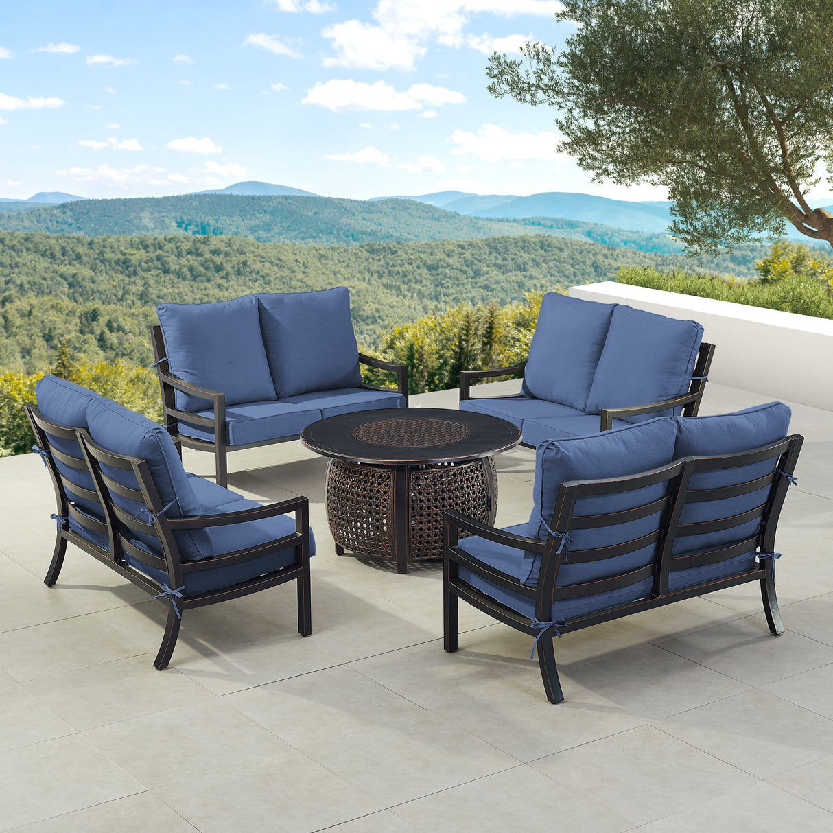 Black Aluminum Fire Table Set with Four Deep Seating Loveseats - Sharicks