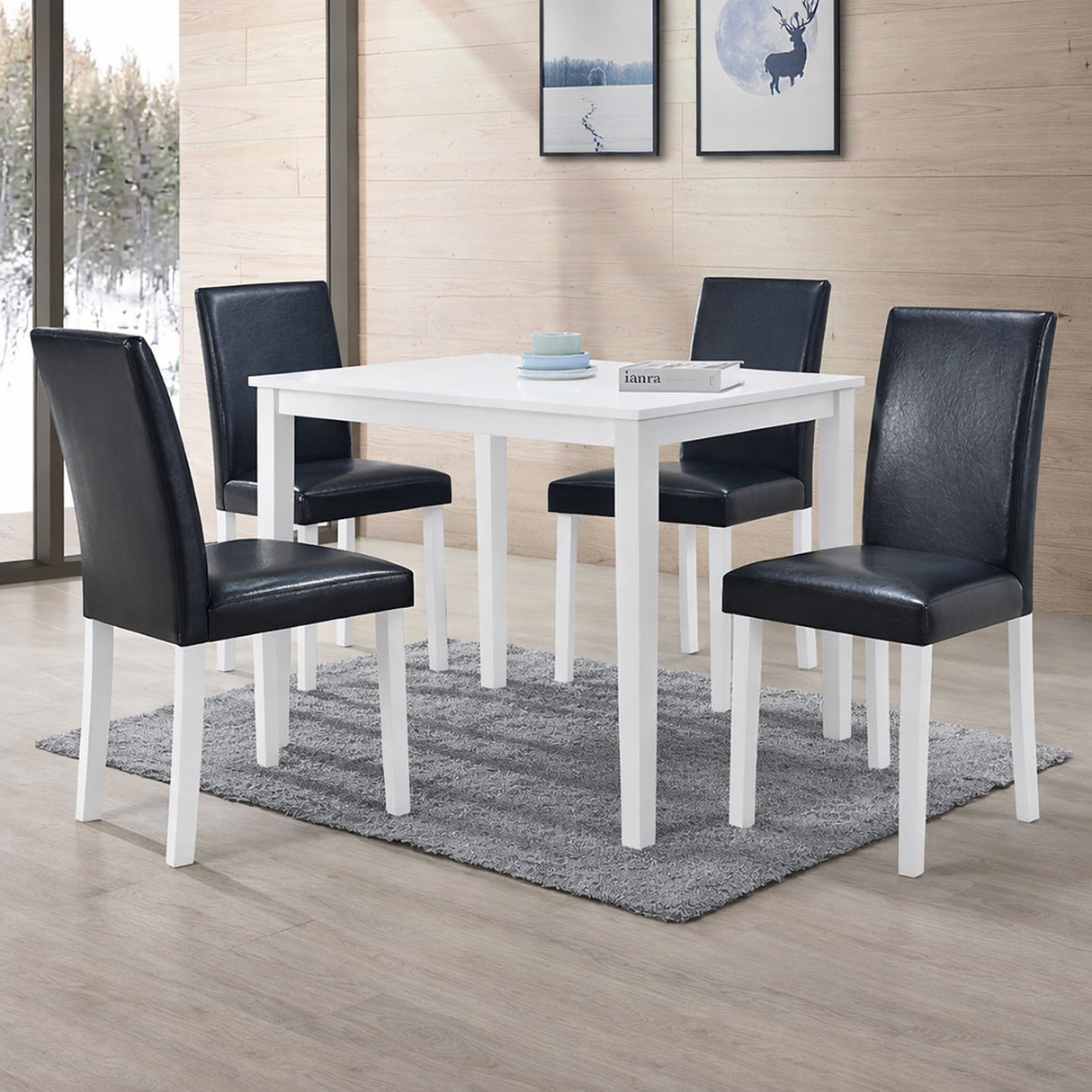 Modern 5-Piece 43.3 Inch Rectangular Dining Set, White Finish with Black PU Leather Upholstered Chairs, Solid Rubberwood