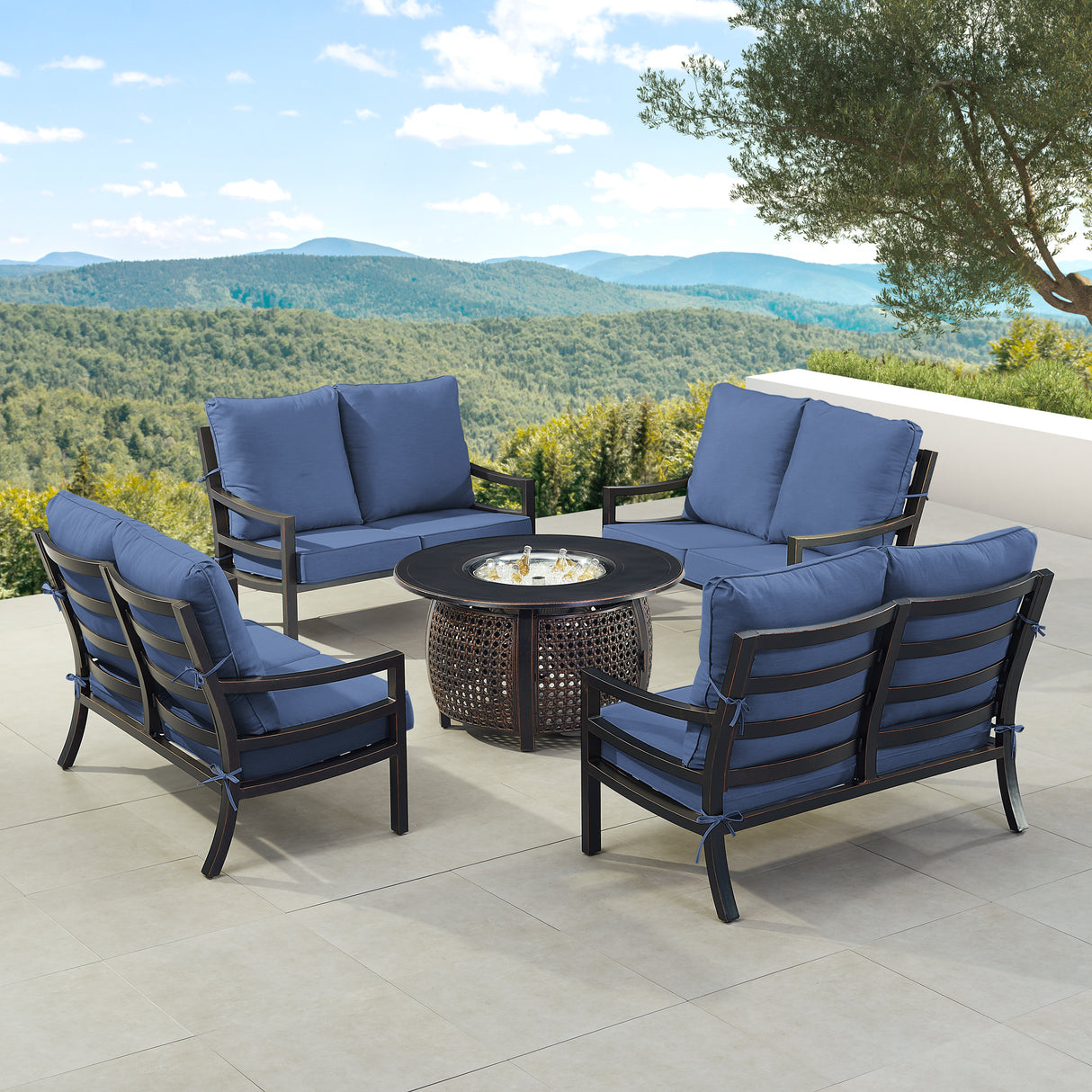 Black Aluminum Fire Table Set with Four Deep Seating Loveseats - Sharicks