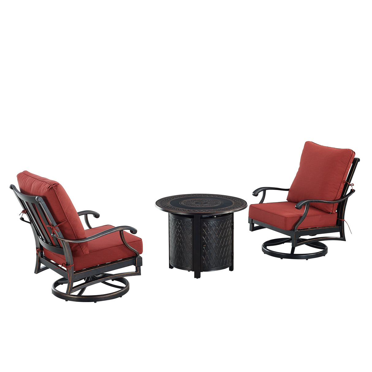 Black Aluminum Fire Table Bistro Set with Two Club Chairs - Sharicks