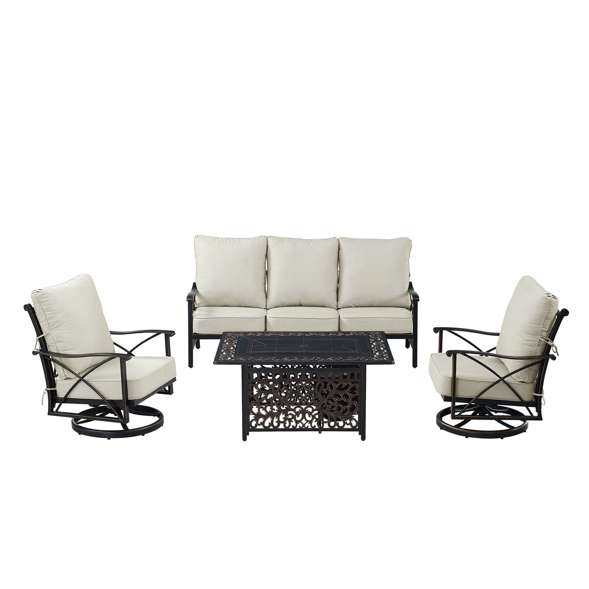 Black Aluminum Fire Table Set with Deep Seating Sofa with Cushion and Two Club Chairs - Sharicks