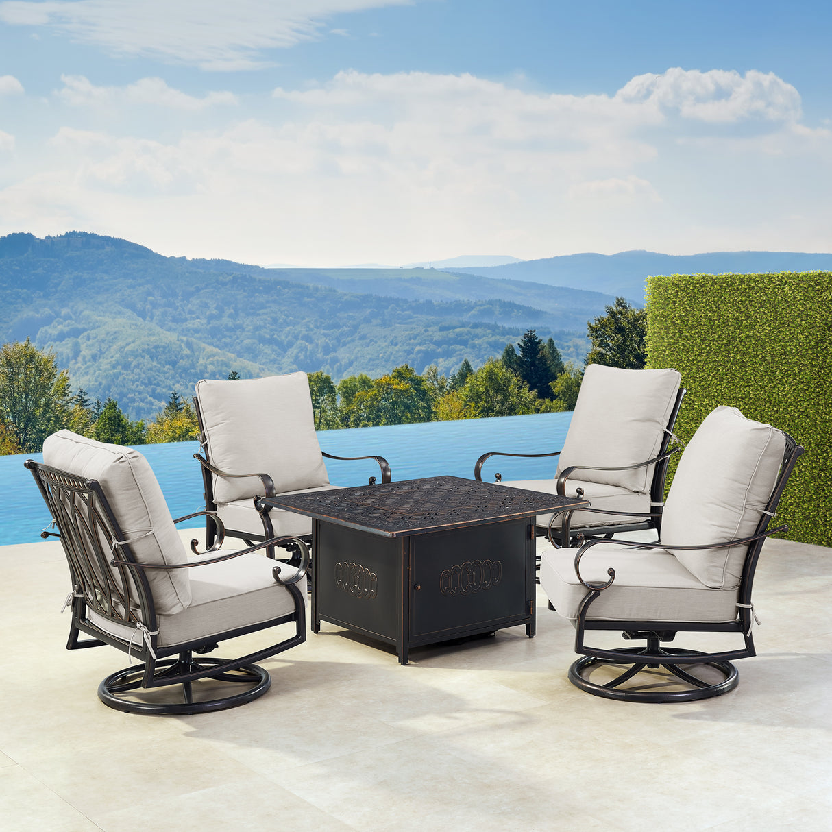 Black Aluminum Fire Table Set with Four Club Chairs - Sharicks
