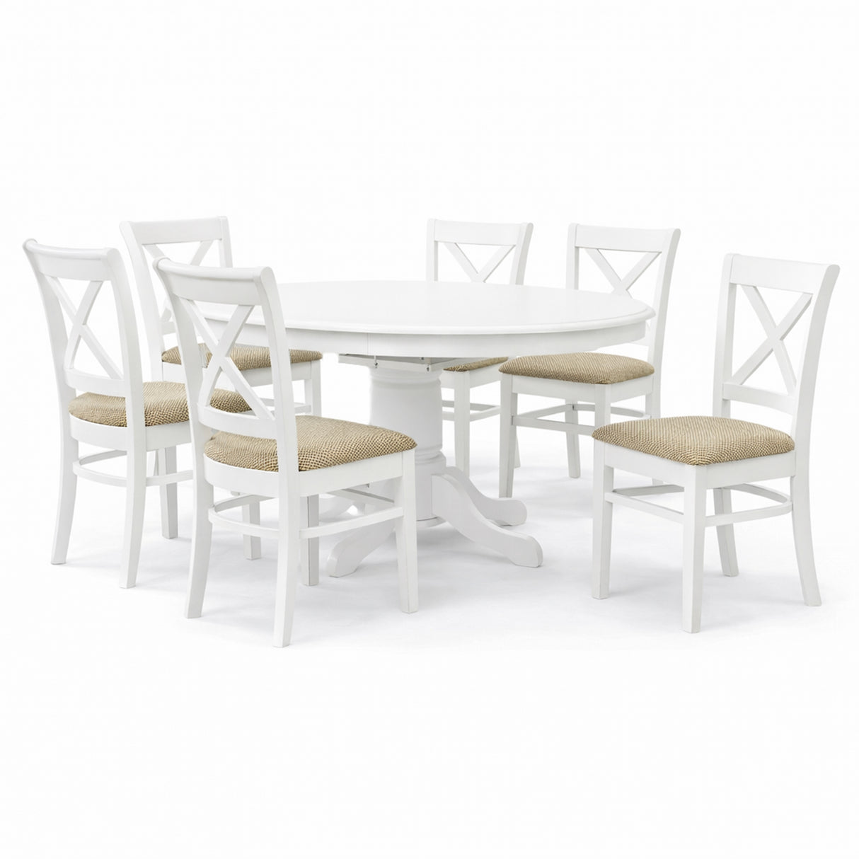 Farmhouse 7-Piece Inch Oval Extendable Dining Set, White Finish with Brown Polyester Upholstered Chairs, Solid Rubberwood