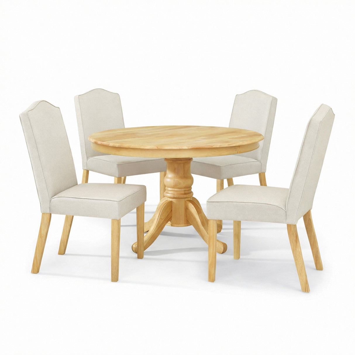 Modern 5-Piece 47 Inch Round Dining Set, Natural Finish with Light Beige Polyester Upholstered Chairs, Solid Rubberwood