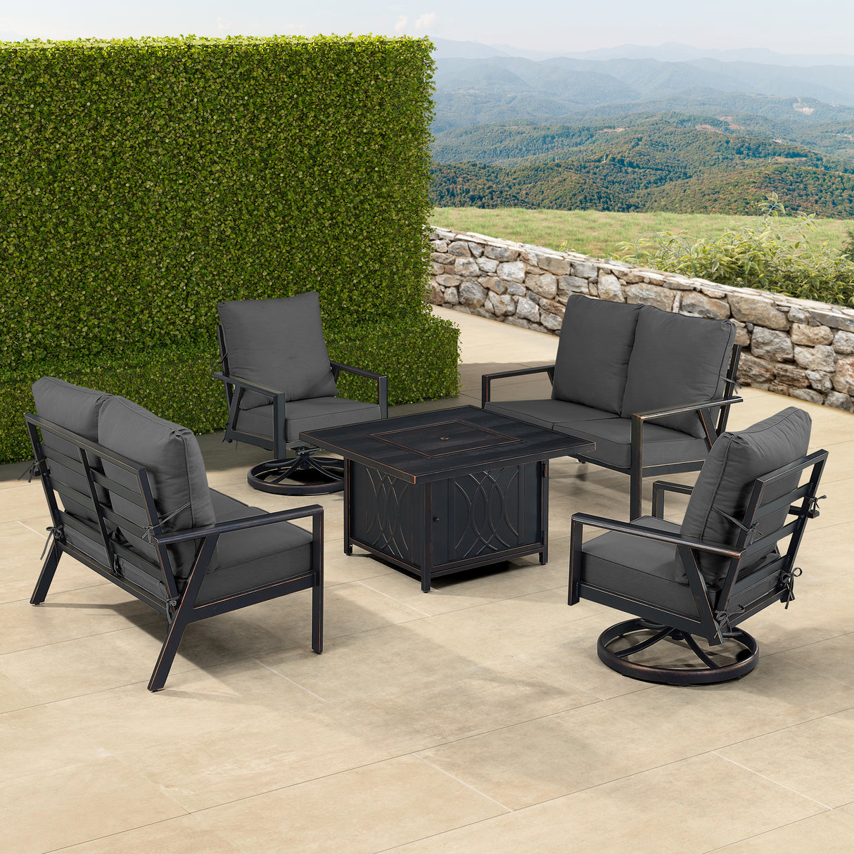 Black Aluminum Fire Table Set with Two Deep Seating Loveseat with Cushions and Two Club Chairs - Sharicks