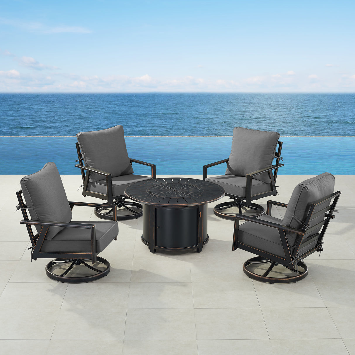 Black Aluminum Fire Table Set with Four Club Chairs - Sharicks