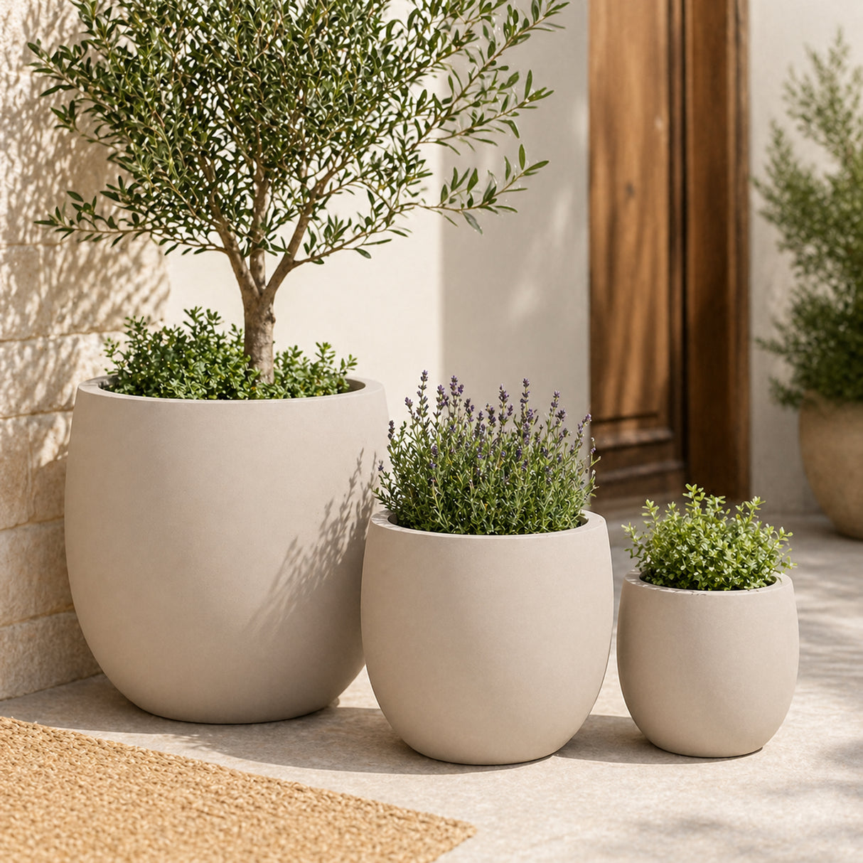 Set of 3 Round Polystone Indoor/Outdoor Planters, Sand