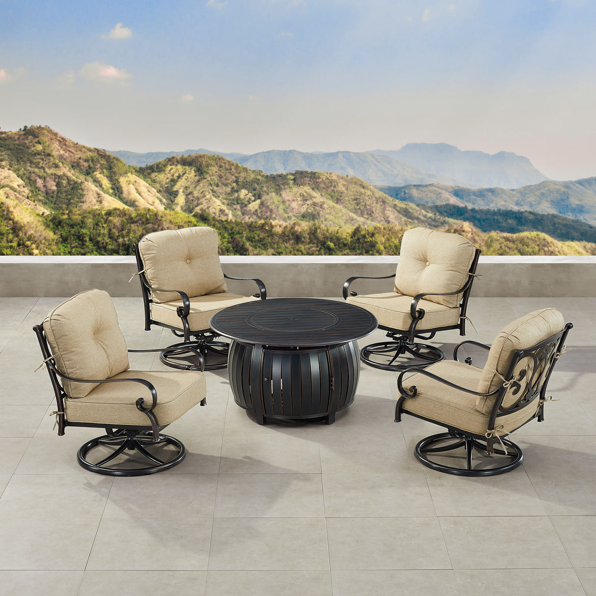 Black Aluminum Fire Table Set with Four Club Chairs - Sharicks