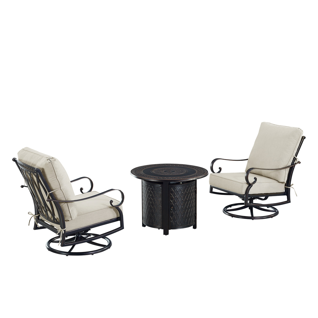 Black Aluminum Fire Table Bistro Set with Two Club Chairs - Sharicks