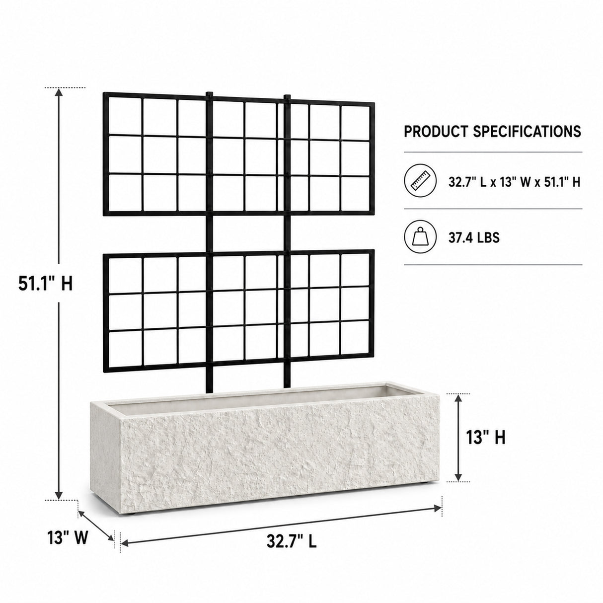 Rock Texture Rectangular Polystone Planter with Steel Trellis, White
