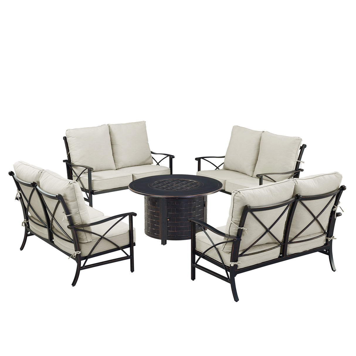 Black Aluminum Fire Table Set with Four Deep Seating Loveseat with Cushions - Sharicks