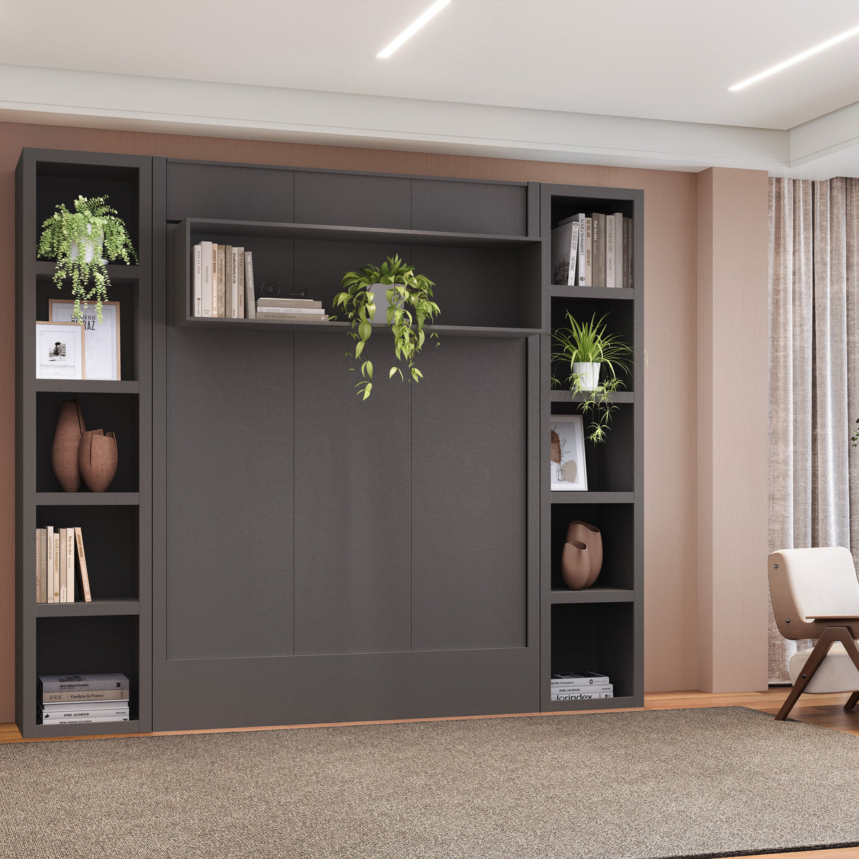 Easy-Lift Full Murphy Wall Bed in Dark Grey with Two Bookshelves - Sharicks