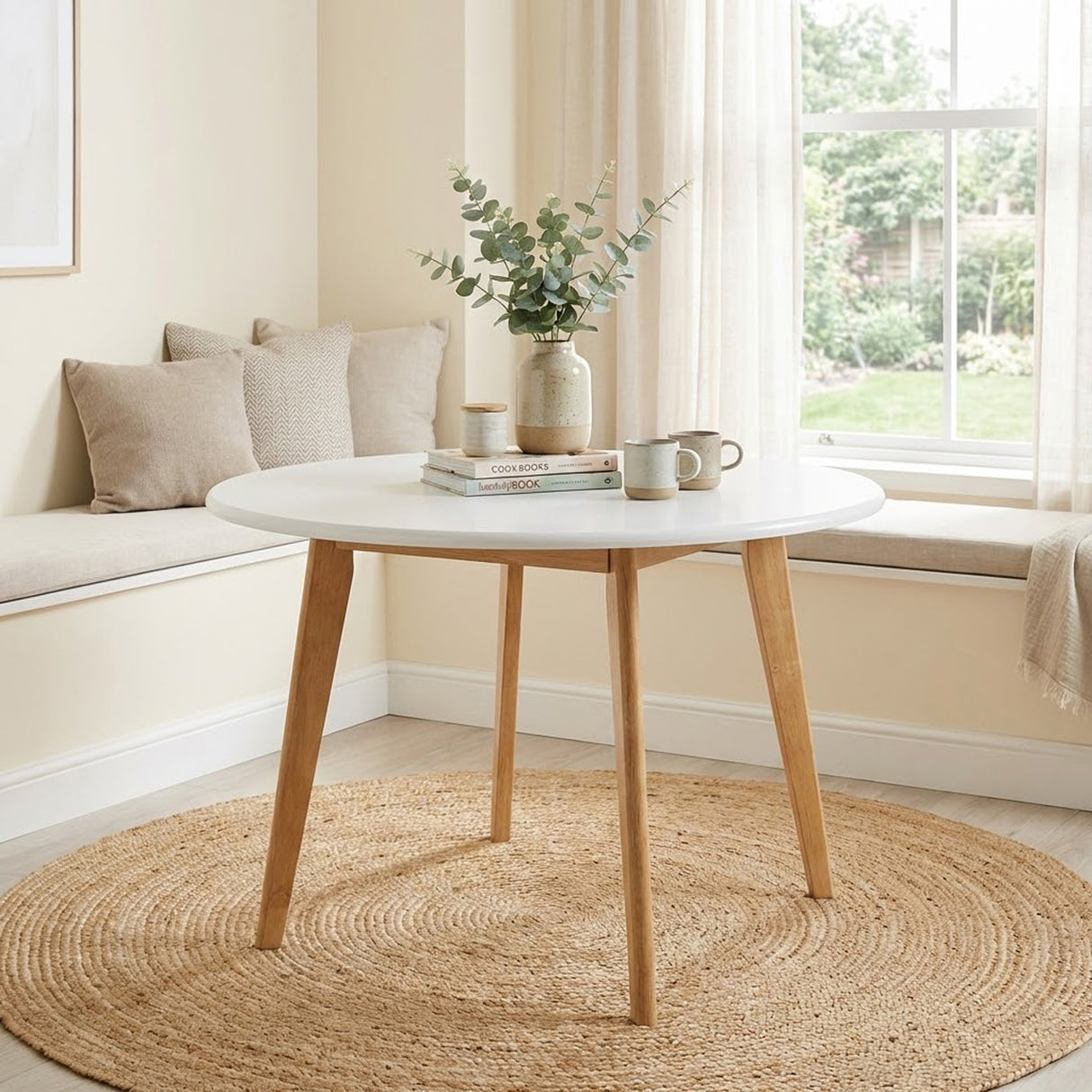 Modern 40.5 Inch Round Dining Table, White/Natural Finish Solid Rubberwood