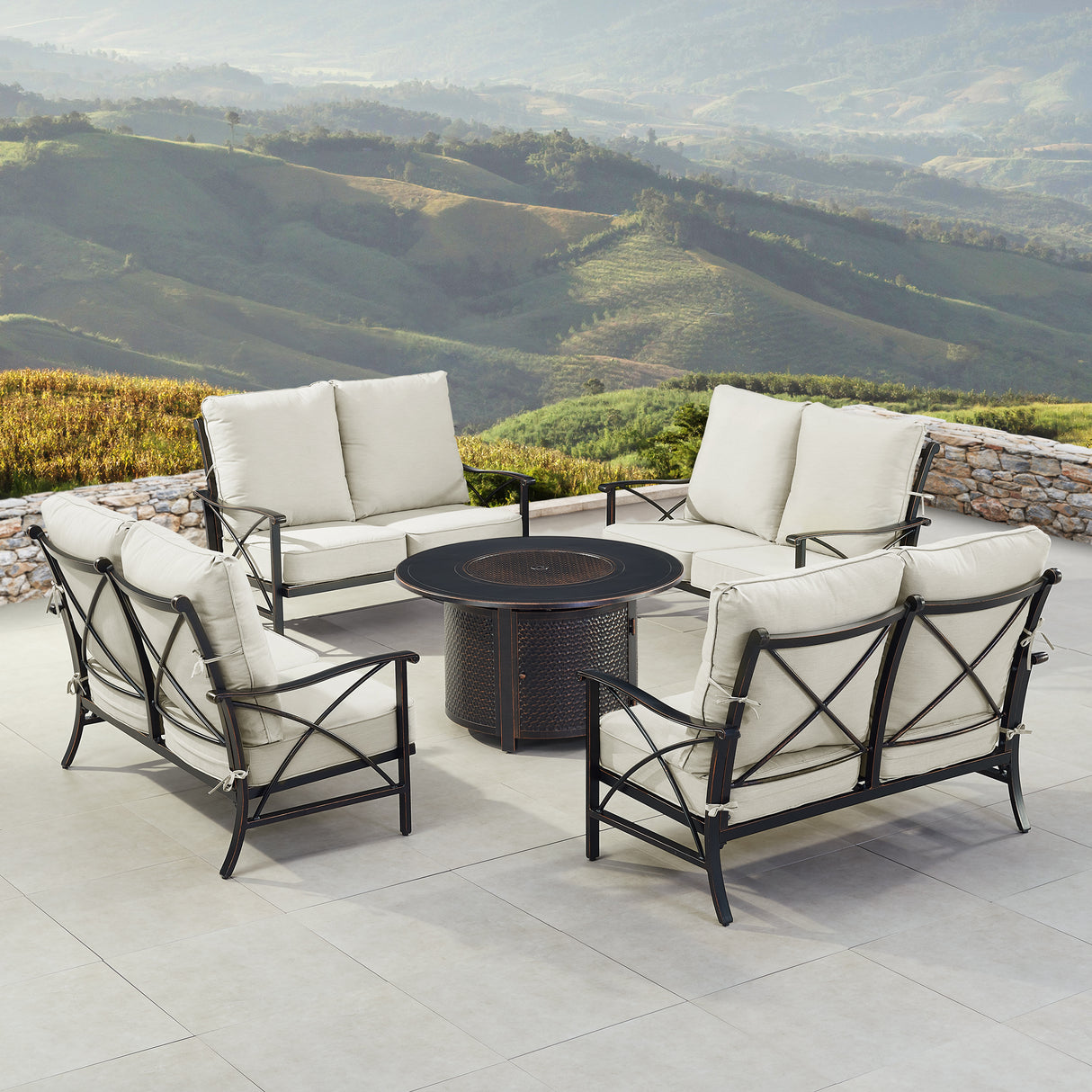 Black Aluminum Fire Table Set with Four Deep Seating Loveseat with Cushions - Sharicks