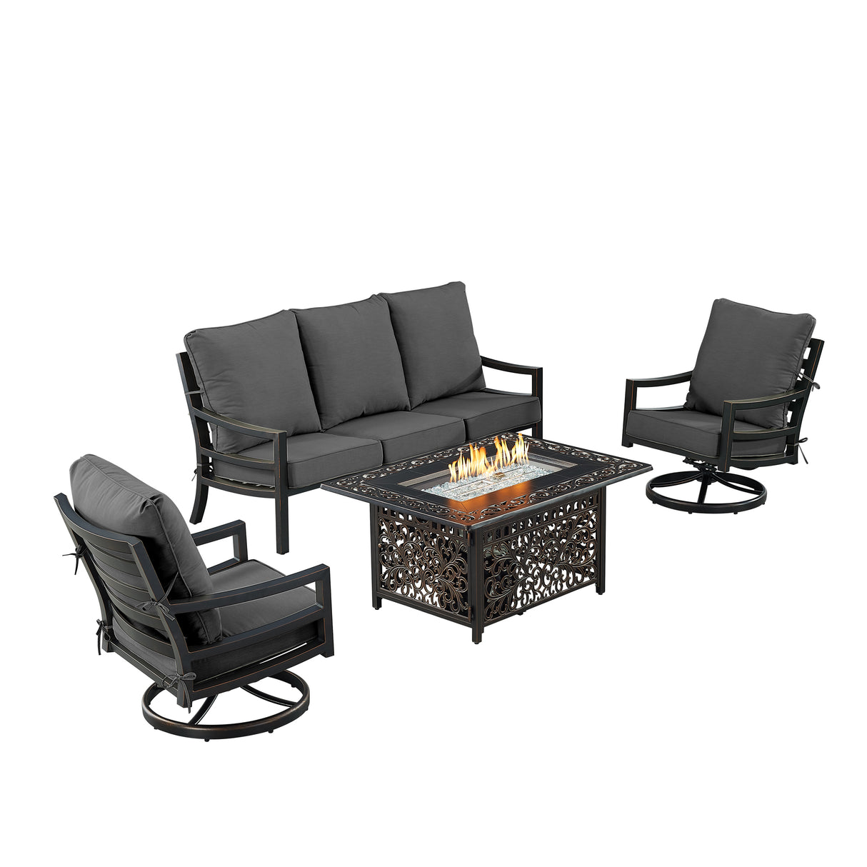 Black Aluminum Fire Table Set with Sofa and Two Club Chairs - Sharicks