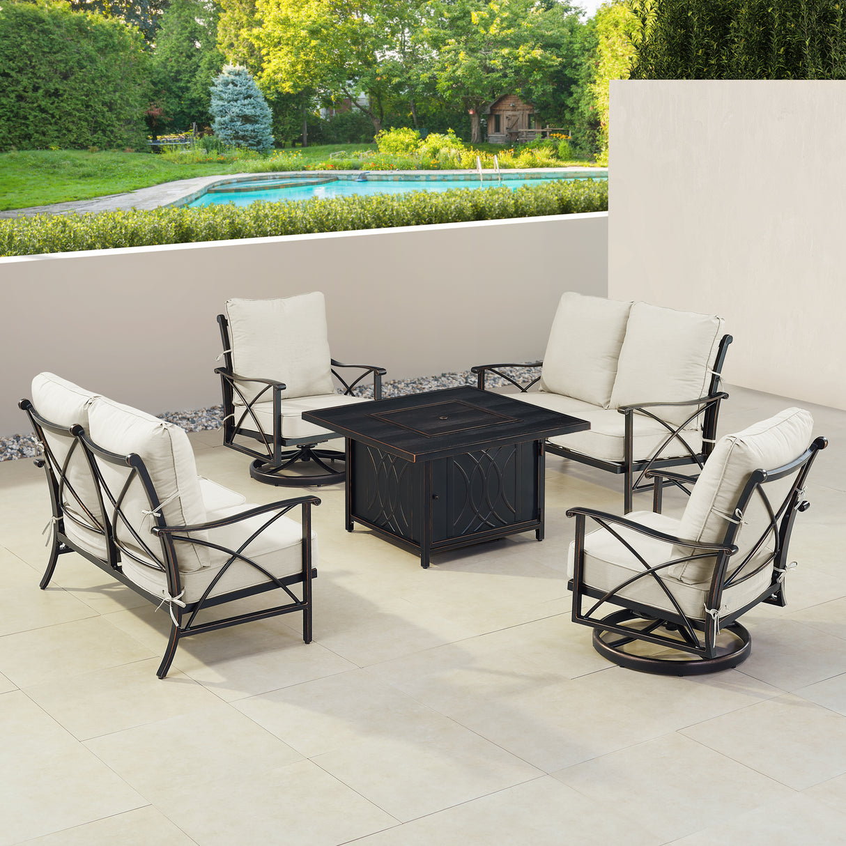 Black Aluminum Fire Table Set with Two Deep Seating Loveseat with Cushions and Two Club Chairs - Sharicks