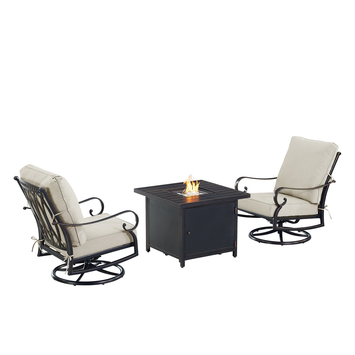 Black Aluminum Fire Table Bistro Set with Two Club Chairs - Sharicks