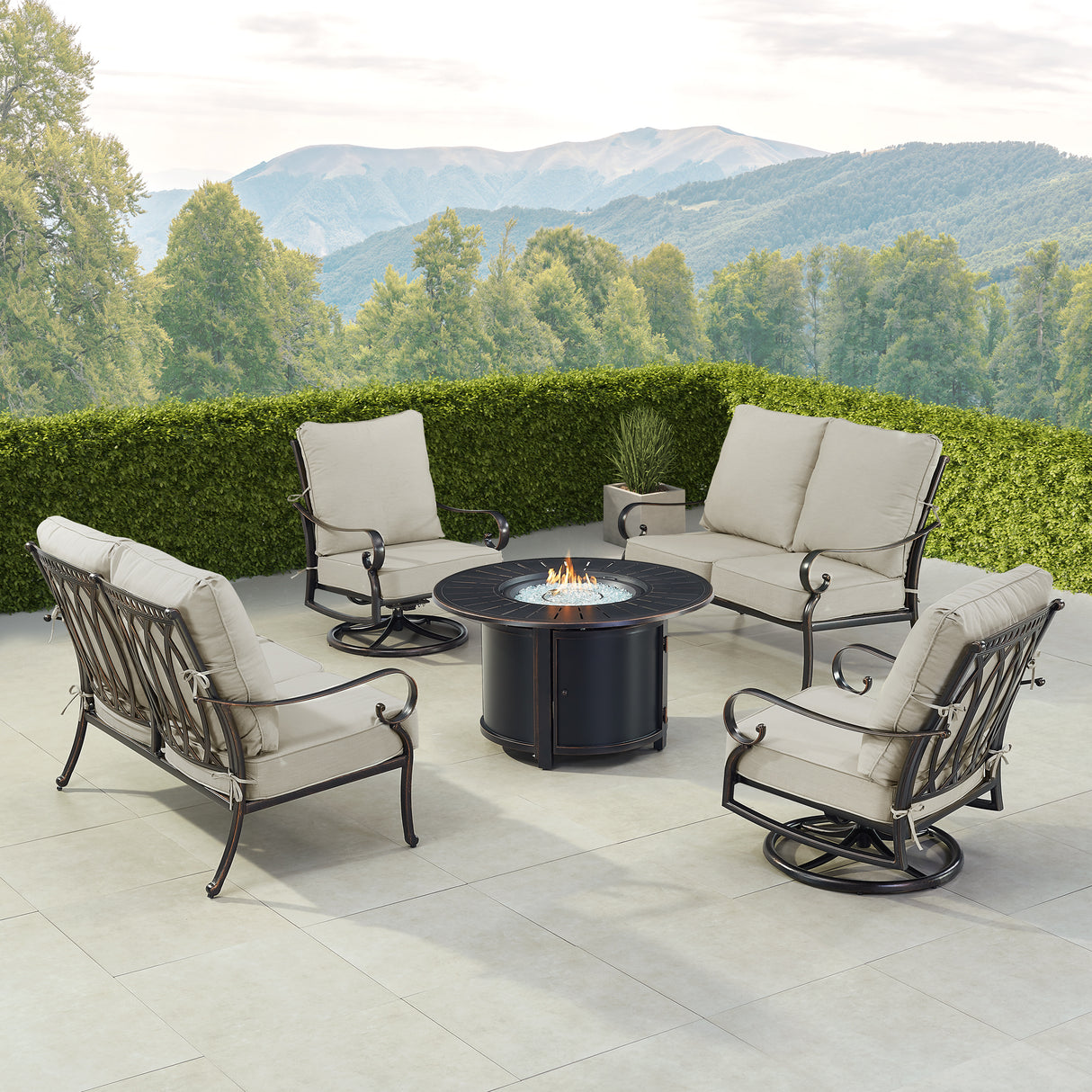 Black Aluminum Fire Table Set with Two Loveseats and Two Club Chairs - Sharicks