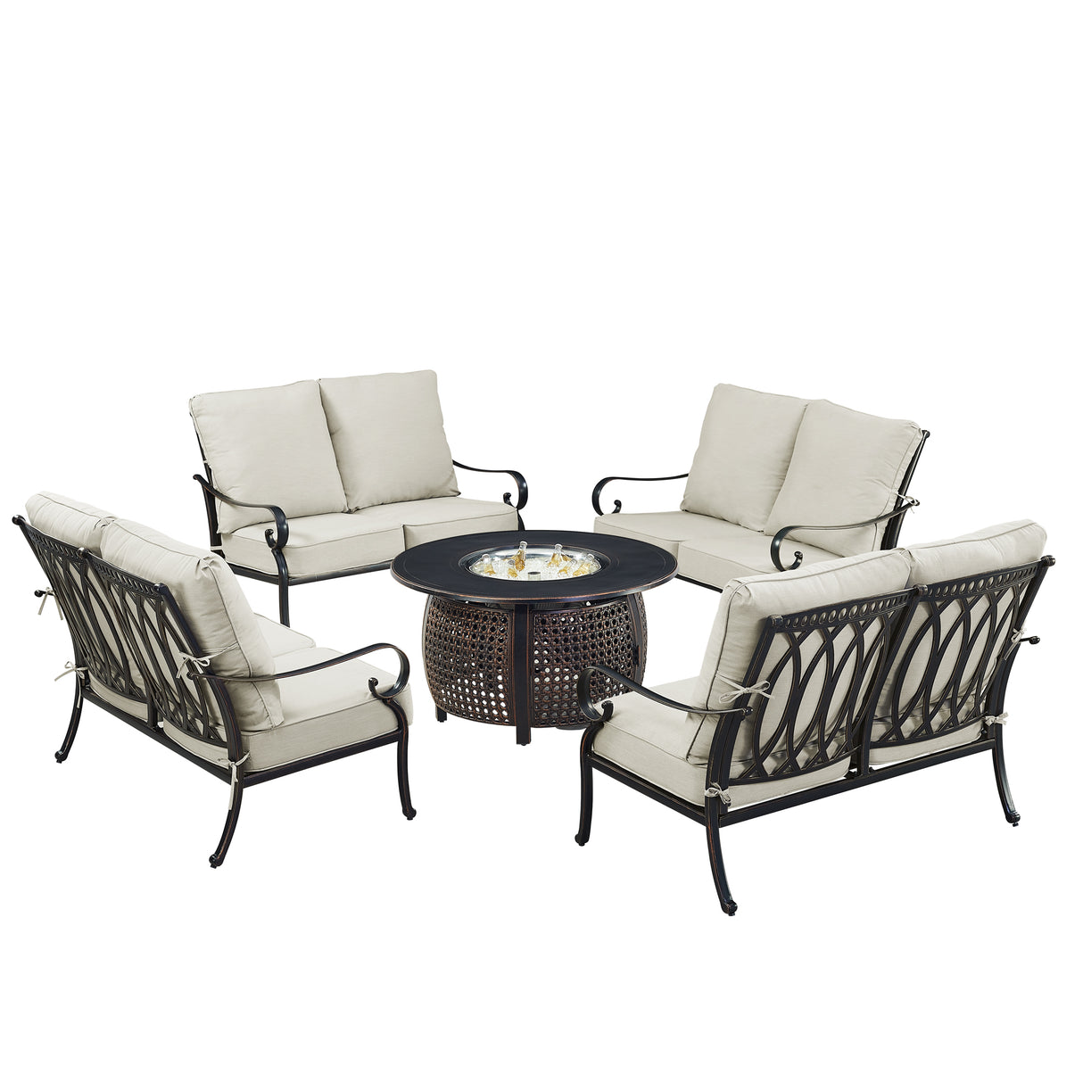 Black Aluminum Fire Table Set with Four Deep Seating Loveseats - Sharicks