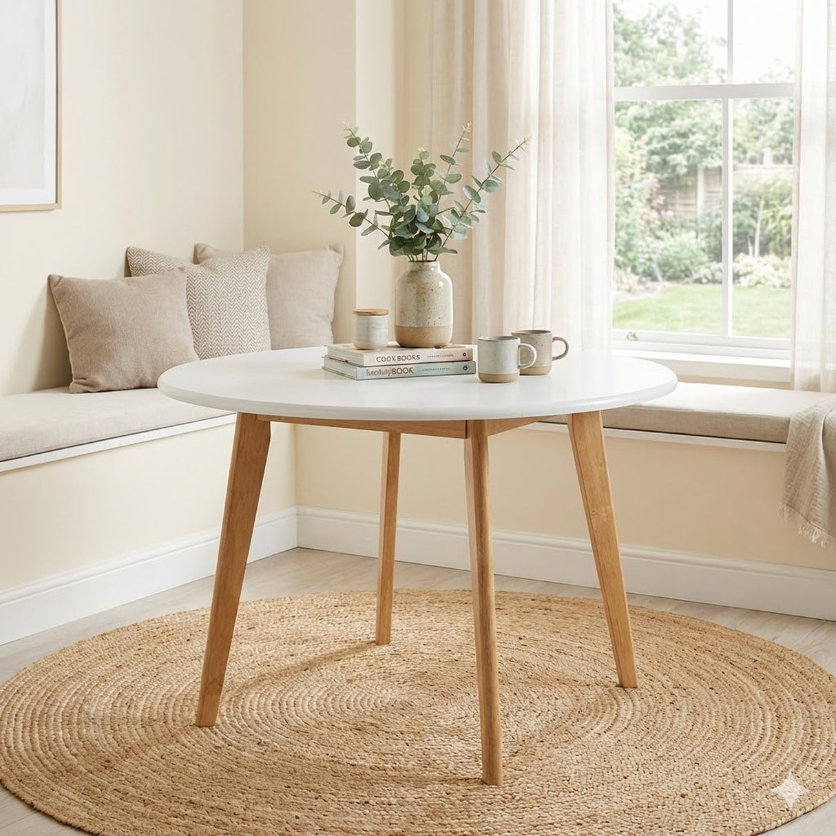 Modern 5-Piece 40.5 Inch Round Dining Set, White/Natural Finish with Beige Polyester Upholstered Chairs, Solid Rubberwood