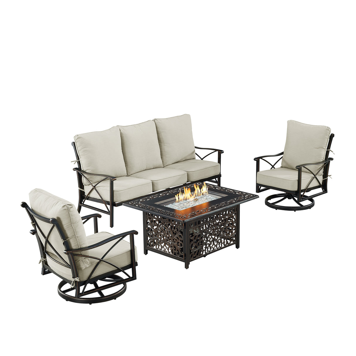 Black Aluminum Fire Table Set with Deep Seating Sofa with Cushion and Two Club Chairs - Sharicks