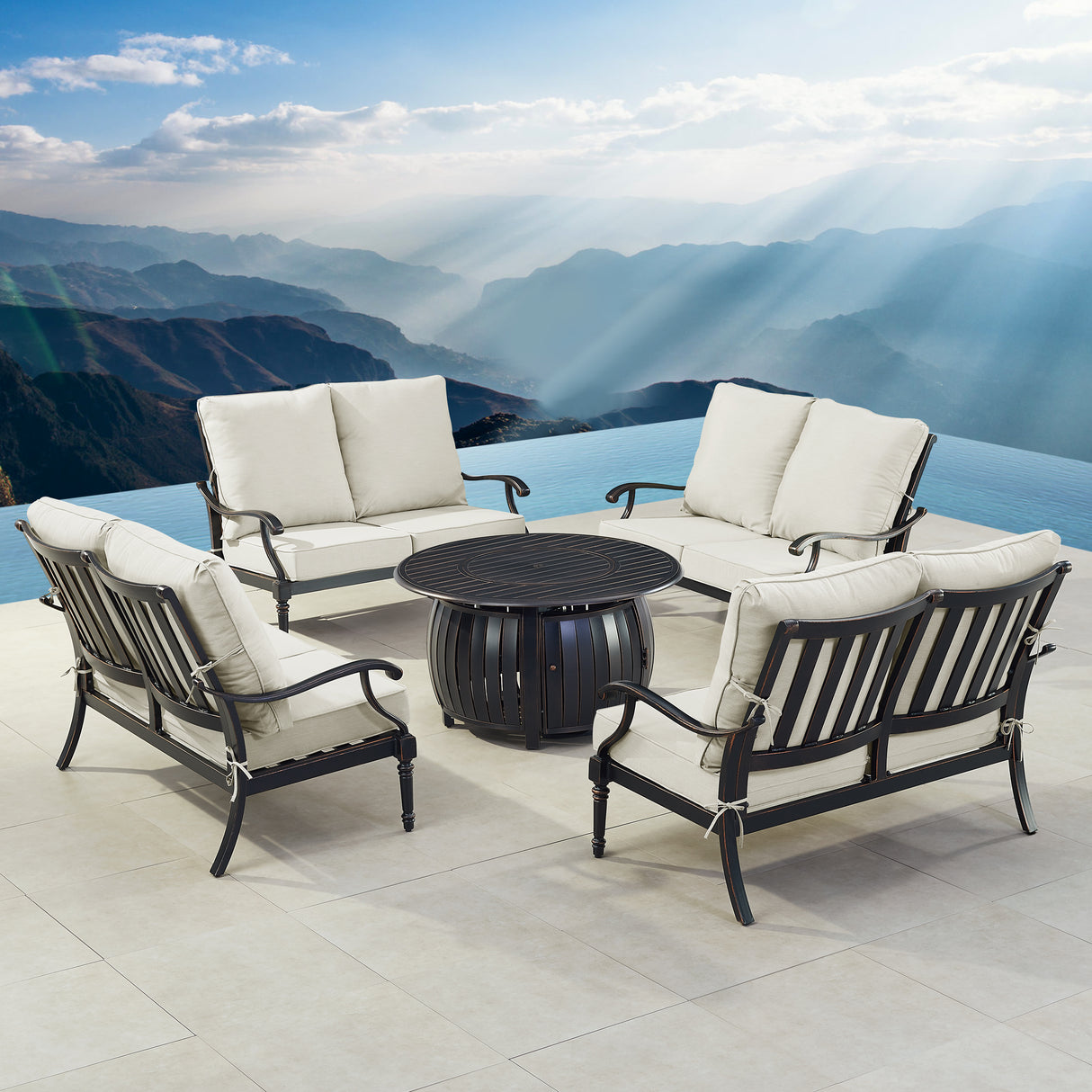 Black Aluminum Fire Table Set with Four Deep Seating Loveseats - Sharicks