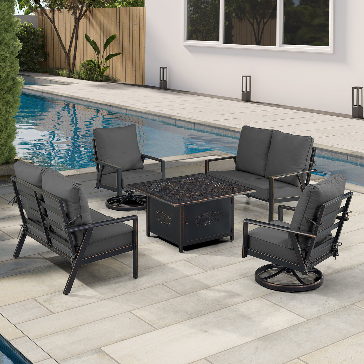 Black Aluminum Fire Table Set with Two Deep Seating Loveseat with Cushions and Two Club Chairs - Sharicks