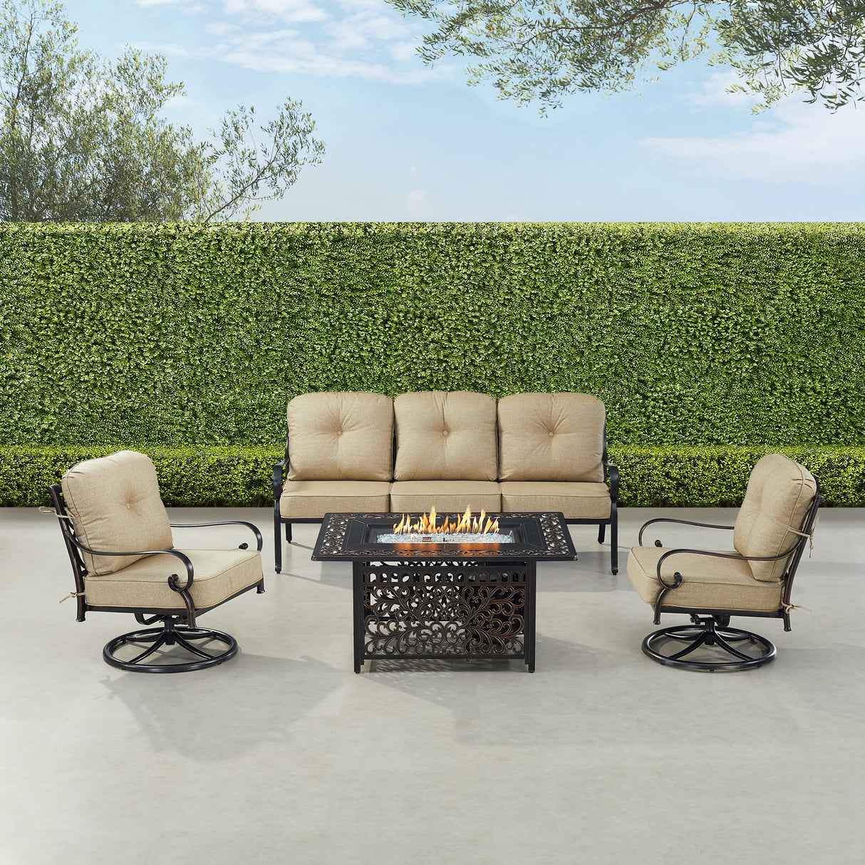 Black Aluminum Fire Table Set with Deep Seating Sofa with Cushion and Two Club Chairs - Sharicks