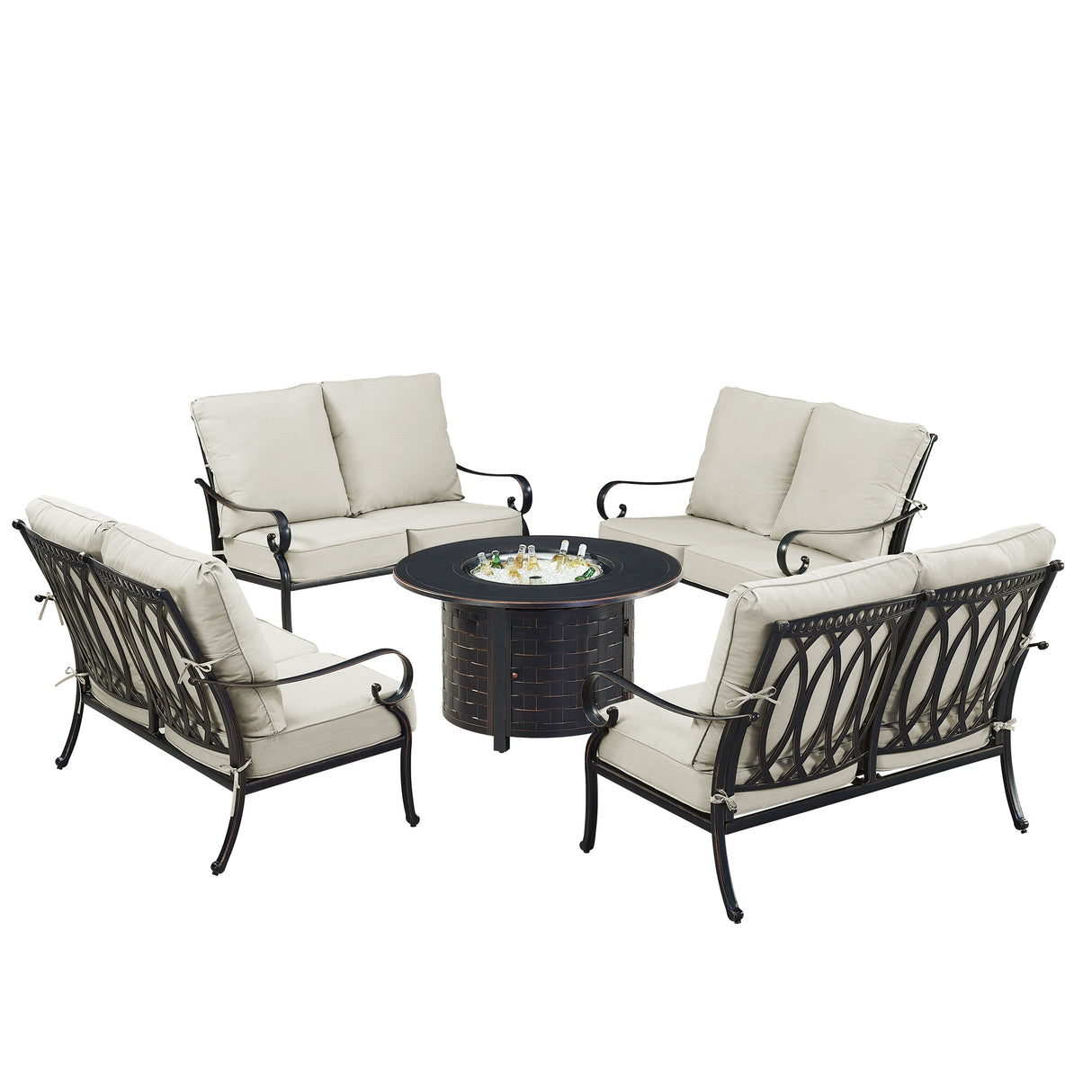 Black Aluminum Fire Table Set with Four Deep Seating Loveseats - Sharicks