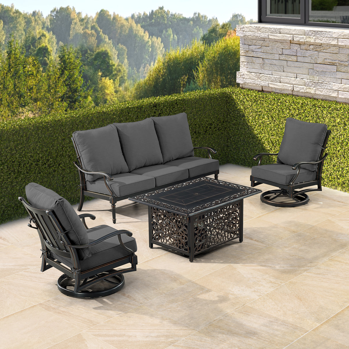 Black Aluminum Fire Table Set with Sofa and Two Club Chairs - Sharicks