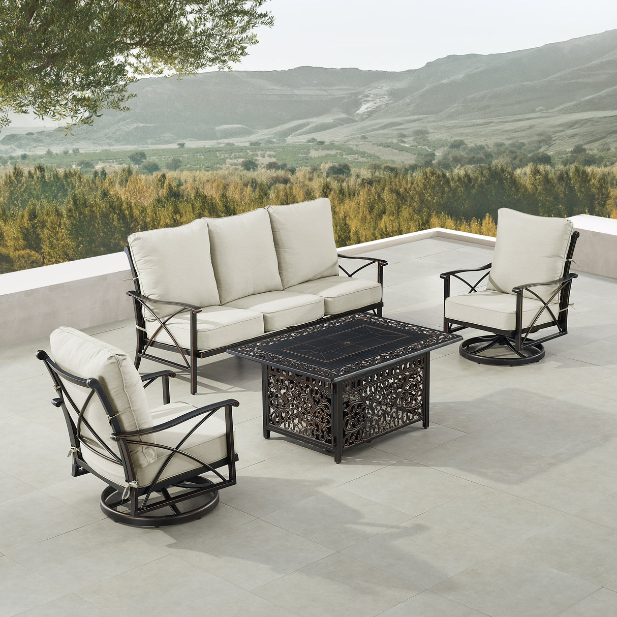 Black Aluminum Fire Table Set with Deep Seating Sofa with Cushion and Two Club Chairs - Sharicks