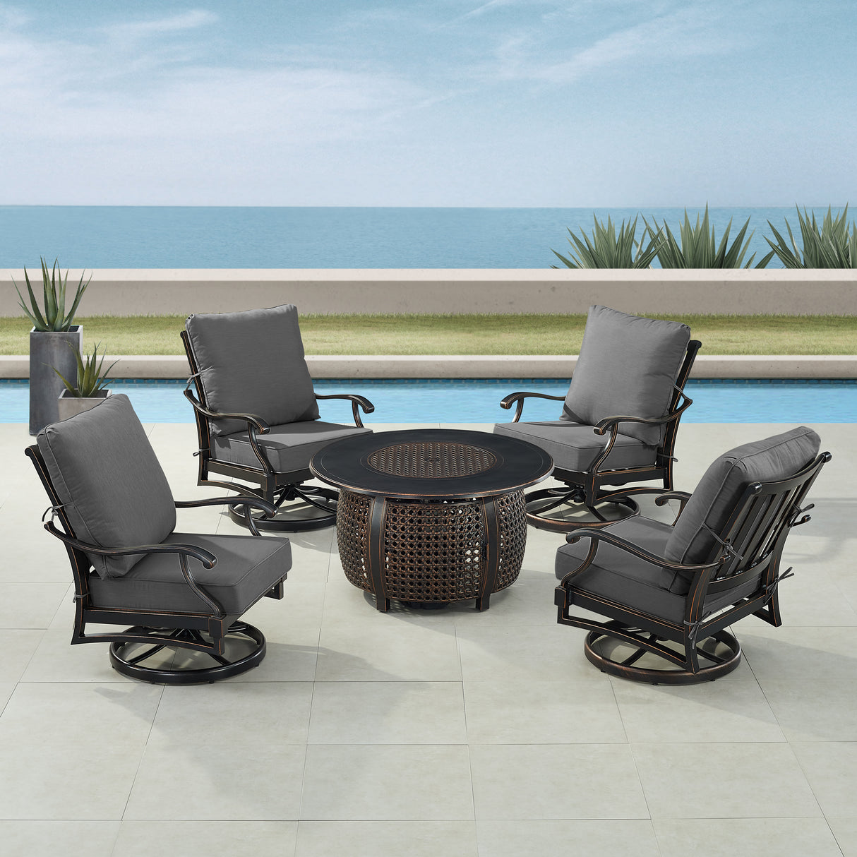 Black Aluminum Fire Table Set with Four Club Chairs - Sharicks