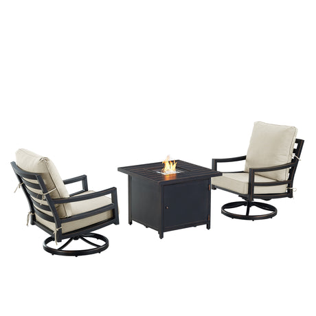 Black Aluminum Fire Table Bistro Set with Two Club Chairs
